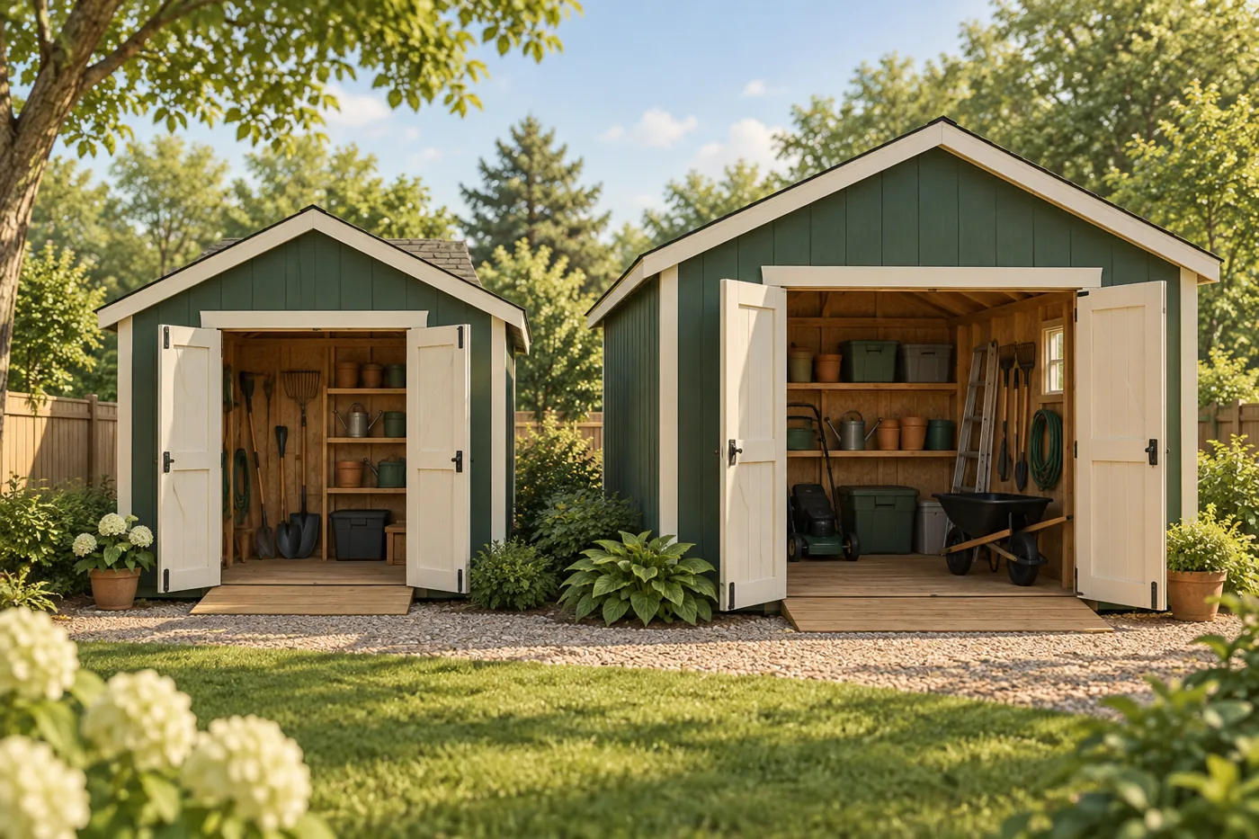 Two green storage sheds of different sizes in a landscaped backyard.