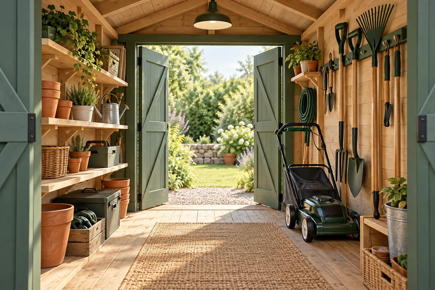 Organized timber shed with shallow shelves, tool storage, and a mower near the doorway.