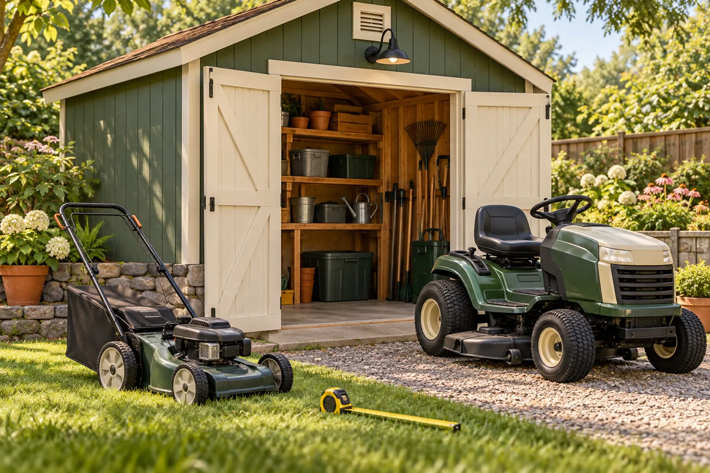 Push and riding lawn mowers outside a storage shed.