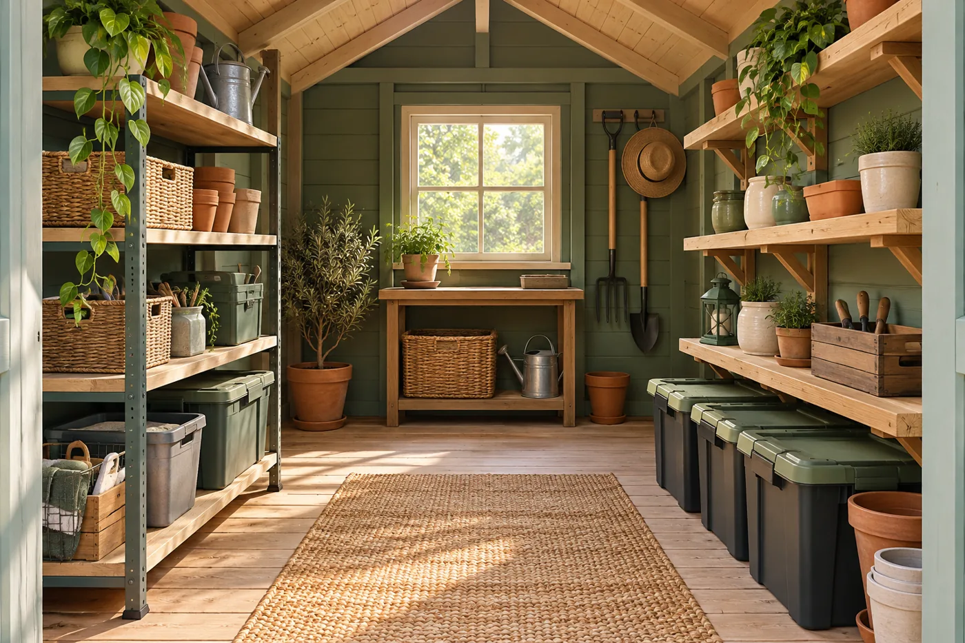 Freestanding and wall-mounted shelves in a timber shed.