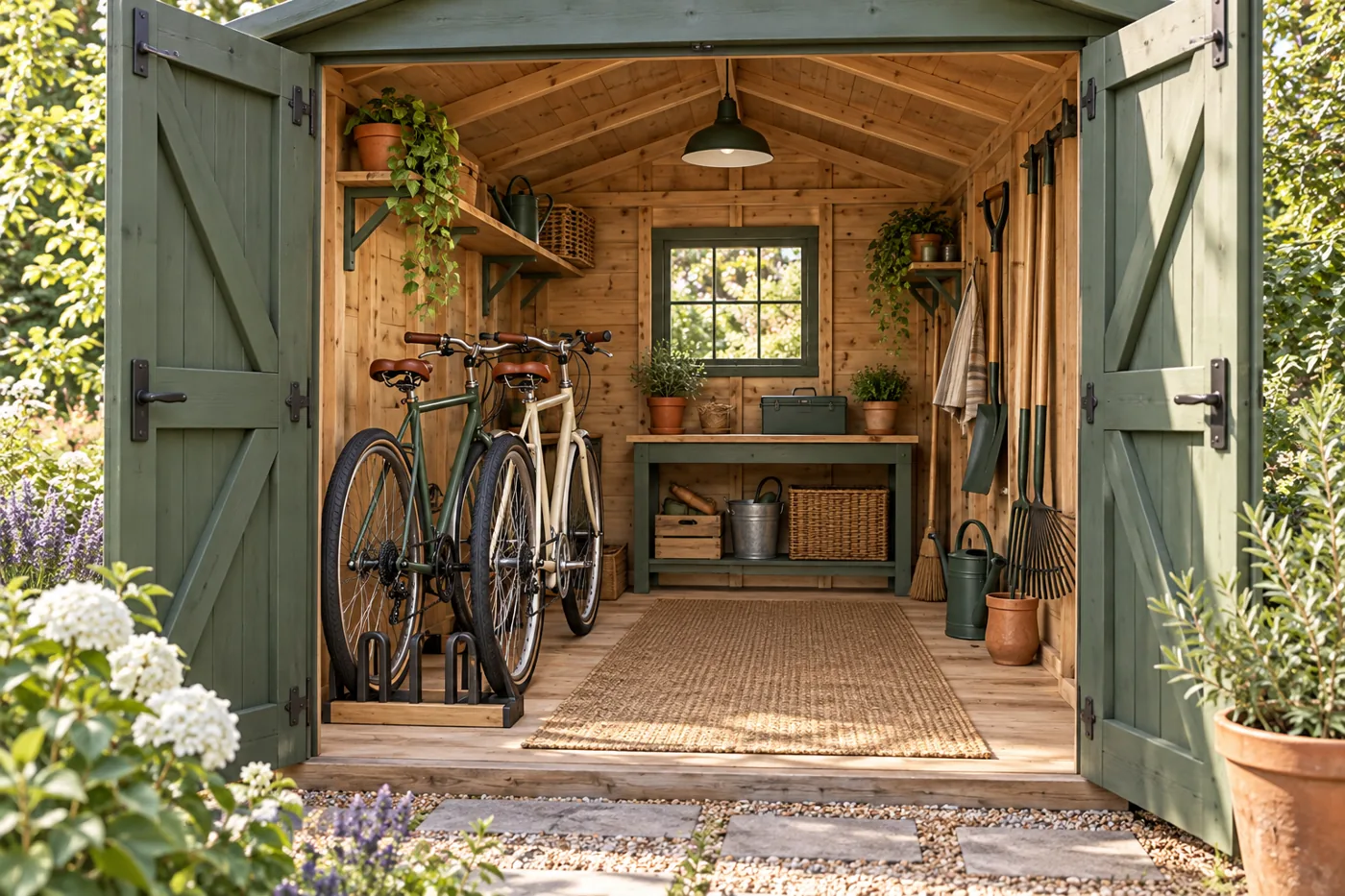 Bicycles parked along a shed wall with an open route to the door.