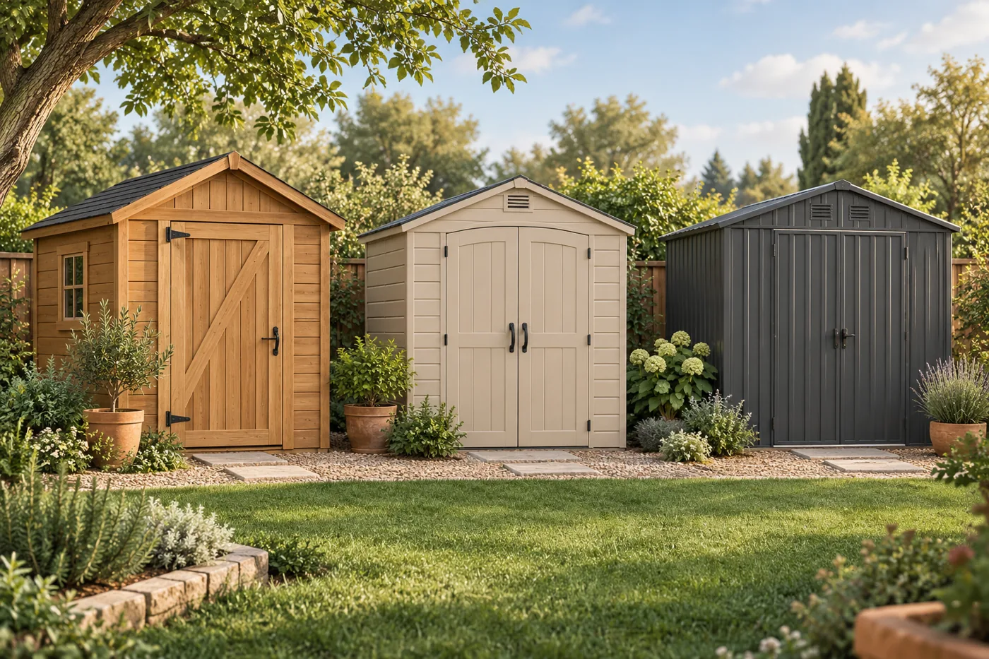 Wood, resin, and metal sheds shown side by side.