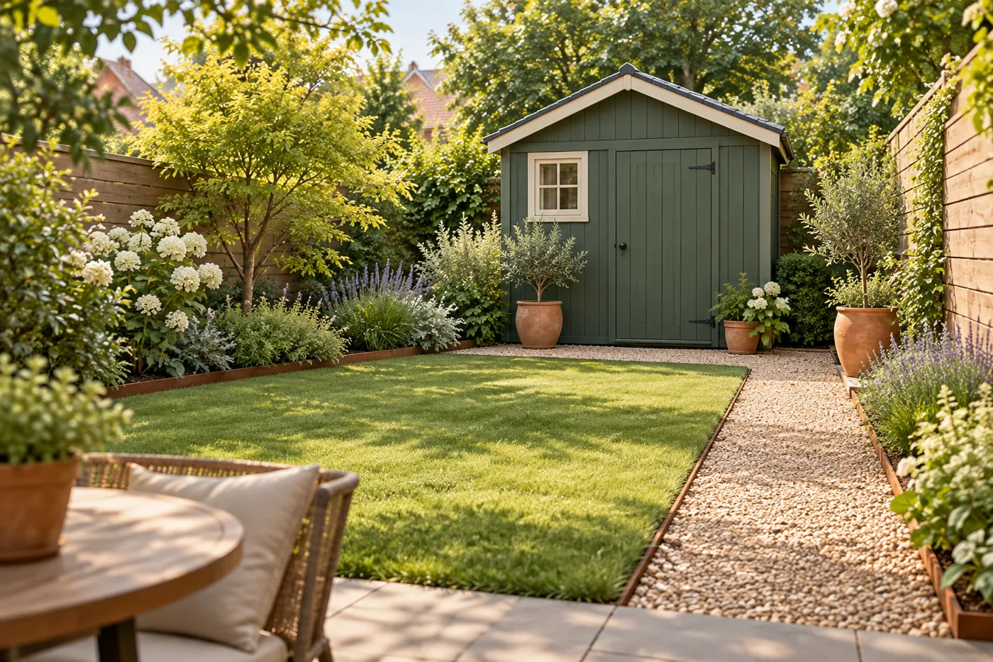 A green shed placed along the edge of a backyard with an access path.