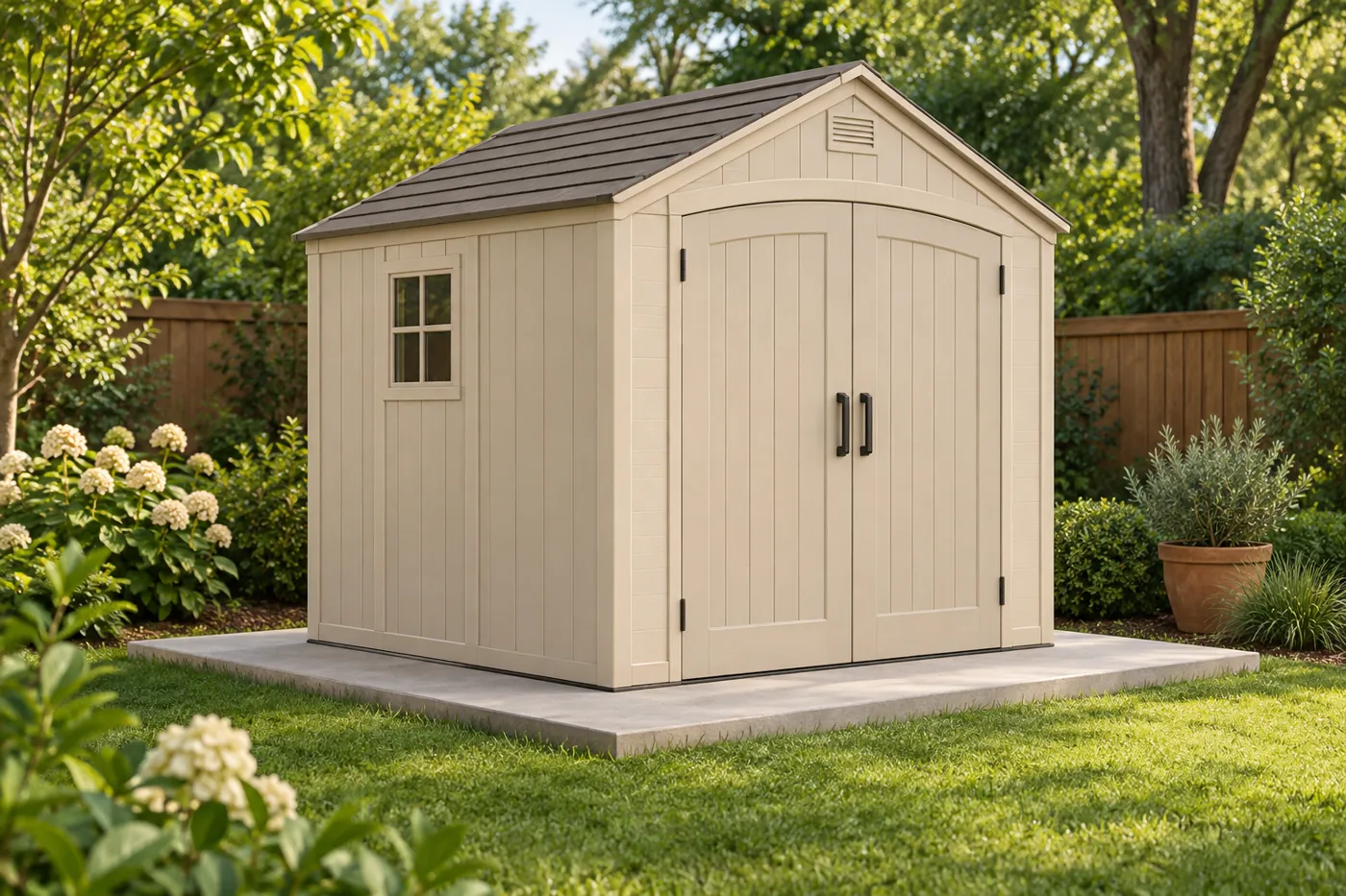 A resin shed fully supported on a concrete pad.