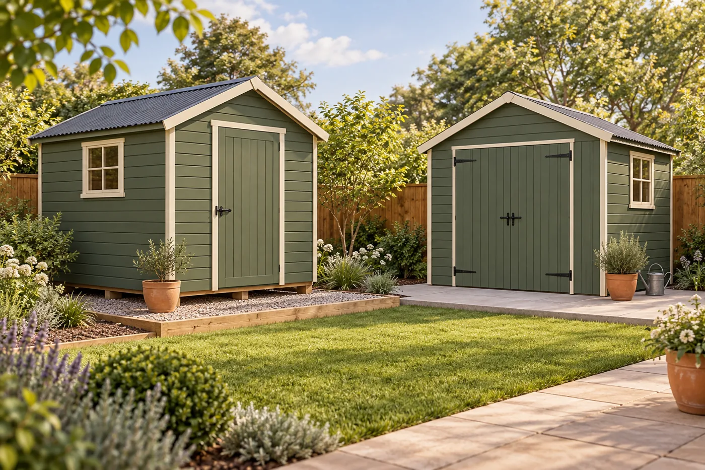Two timber sheds illustrating gravel and concrete base settings.
