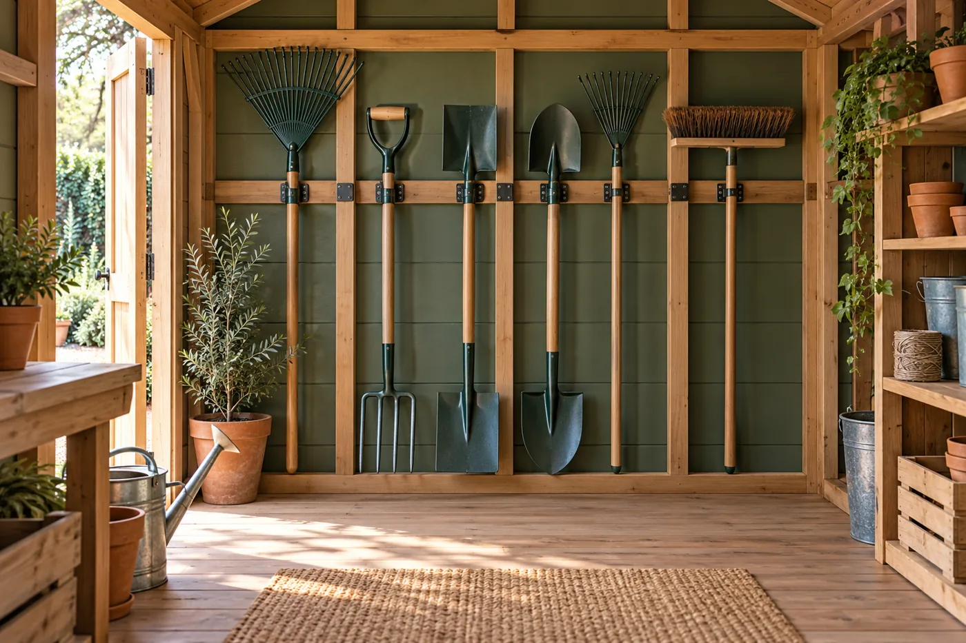 Long-handled garden tools arranged on a shed wall.