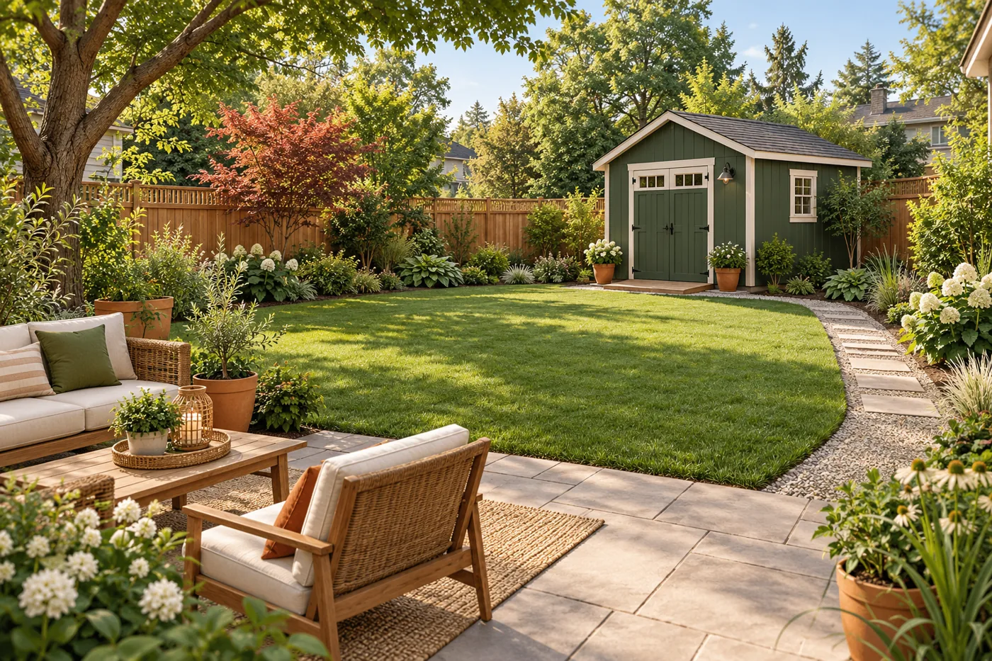 A compact green shed beside a usable lawn and sitting area.