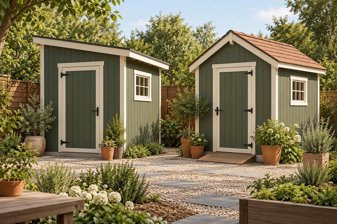 Single-slope and gable sheds shown side by side.