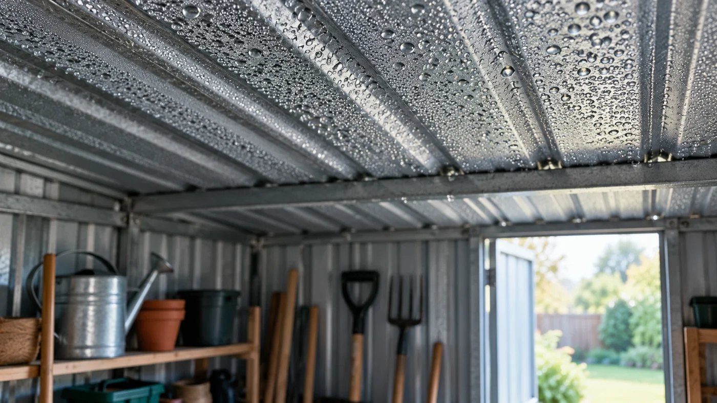 Metal shed interior with moisture visible beneath the roof.