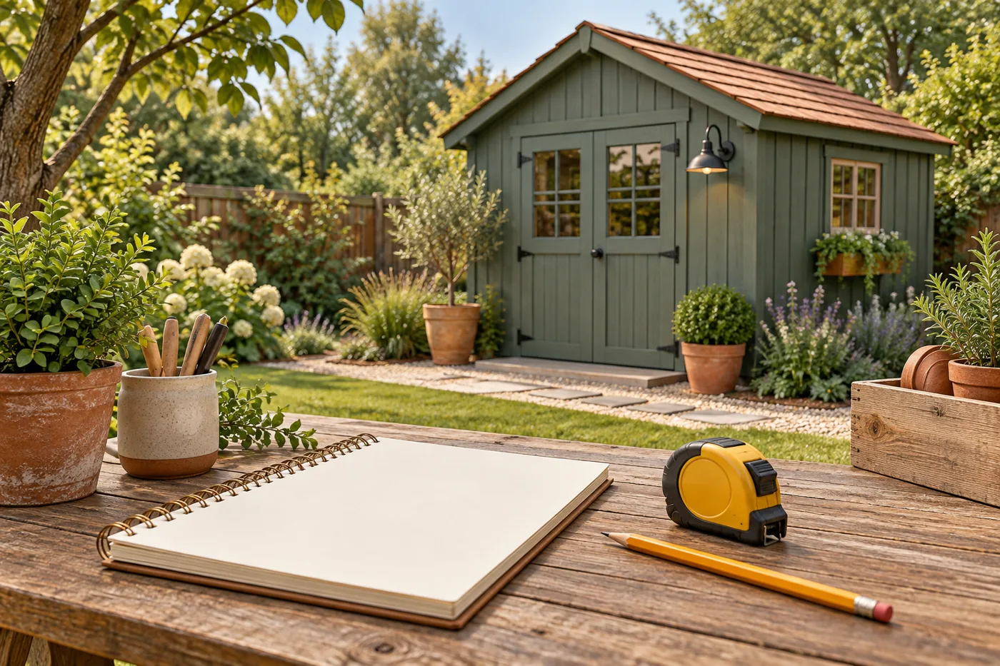 A blank budget notebook and tape measure near a backyard shed.