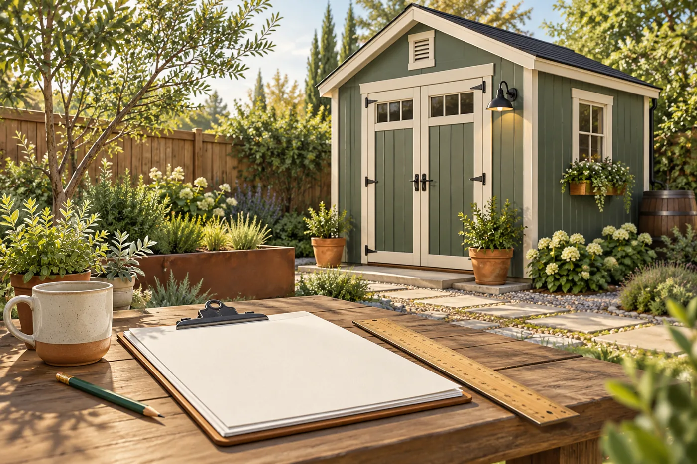 A blank planning clipboard and ruler beside a backyard shed.